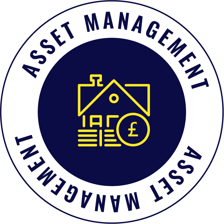 Logo with text 'Asset Management' and 'Asset Management' in a circular border, featuring a yellow house, documents, and a pound sterling coin inside a dark blue circle.