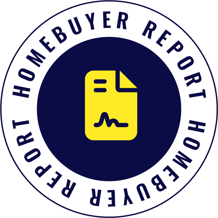 Homebuyer report certification badge with a yellow document icon showing a graph and a wave line, surrounded by a blue and white circular border with the text 'Homebuyer Report' repeated.