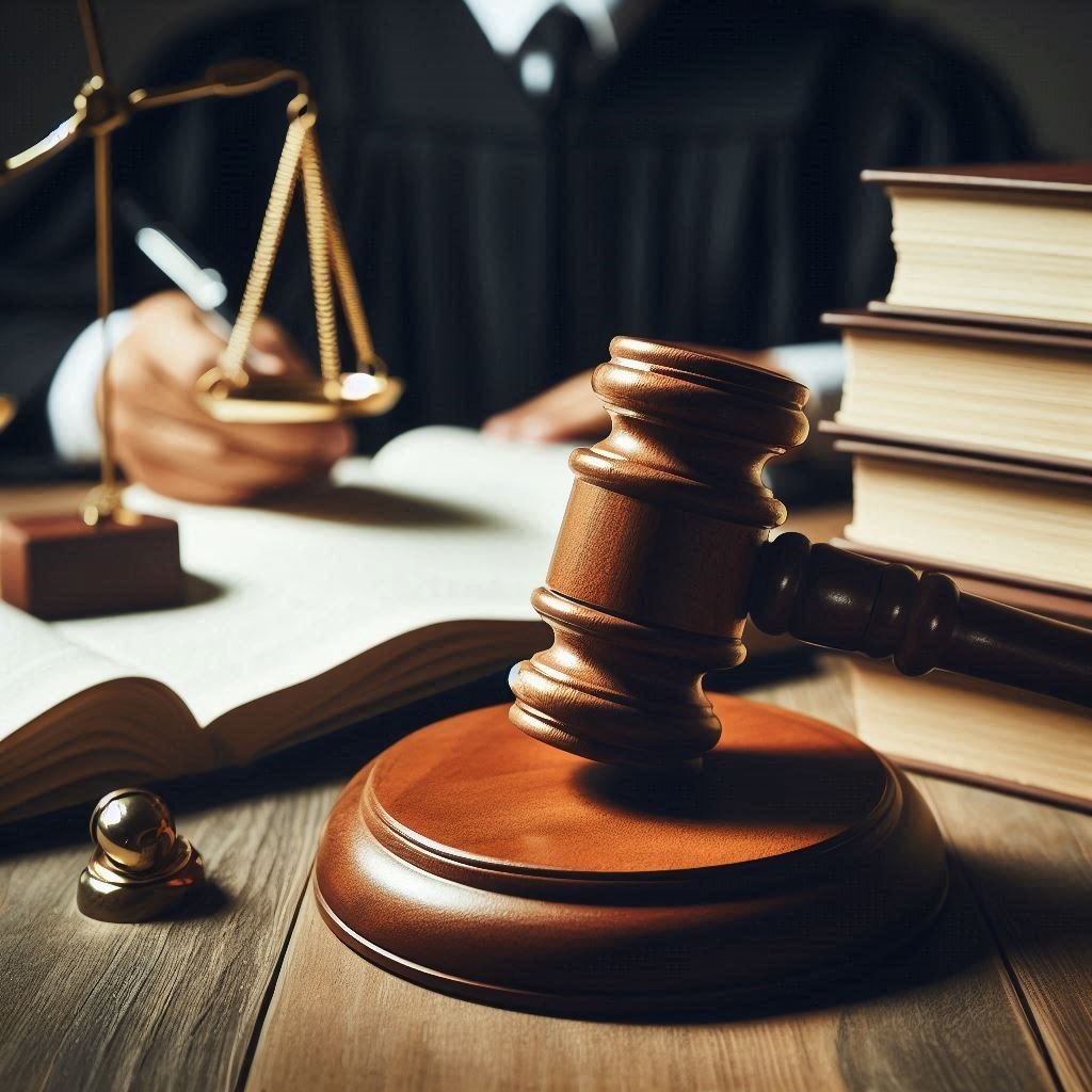 Close-up of a gavel on a desk with legal books and scales of justice, person in a judge's robe writing in a book in the background.
