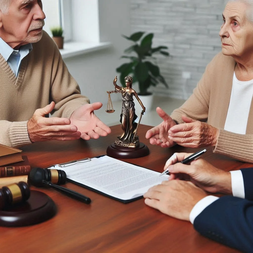 Elderly couple discussing legal matters with a lawyer, Lady Justice statuette, gavel, document on table.