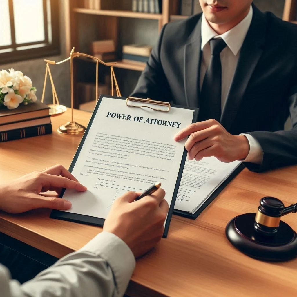 Person signing a power of attorney document in an office