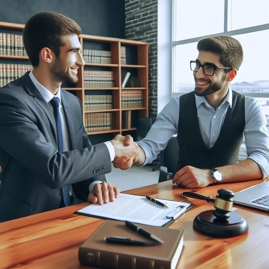 Two men in an office handshake over a legal document, with a gavel and books on the desk, indicating a law or business agreement.