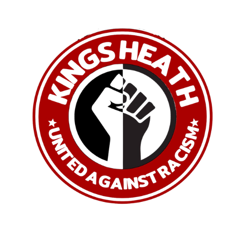A circular logo with a clenched fist in black and white, with a red border and background. The text "KINGS HEATH" is at the top and "UNITED AGAINST RACISM" at the bottom.