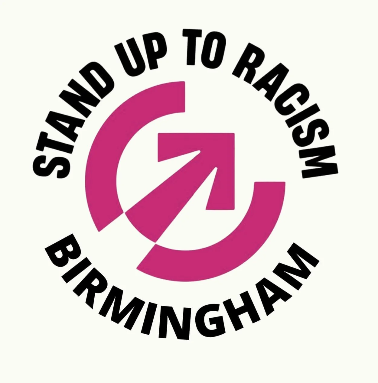 Logo with bold black text that reads 'STAND UP TO RACISM BIRMINGHAM' surrounding a pink circular graphic with an arrow and a stylized 'Z' or lightning bolt.