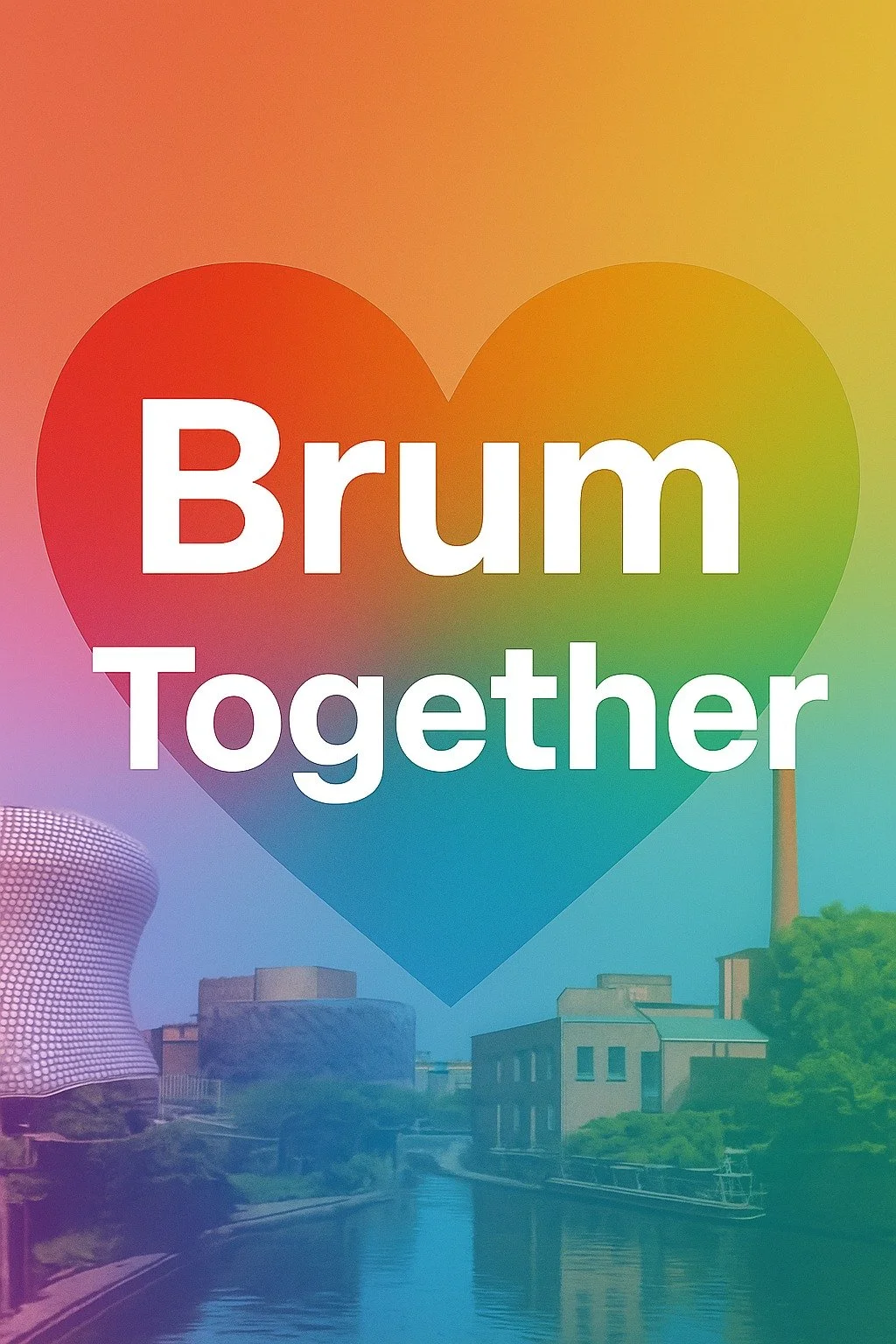 Colorful background with a large heart shape and the words 'Brum Together' written inside.