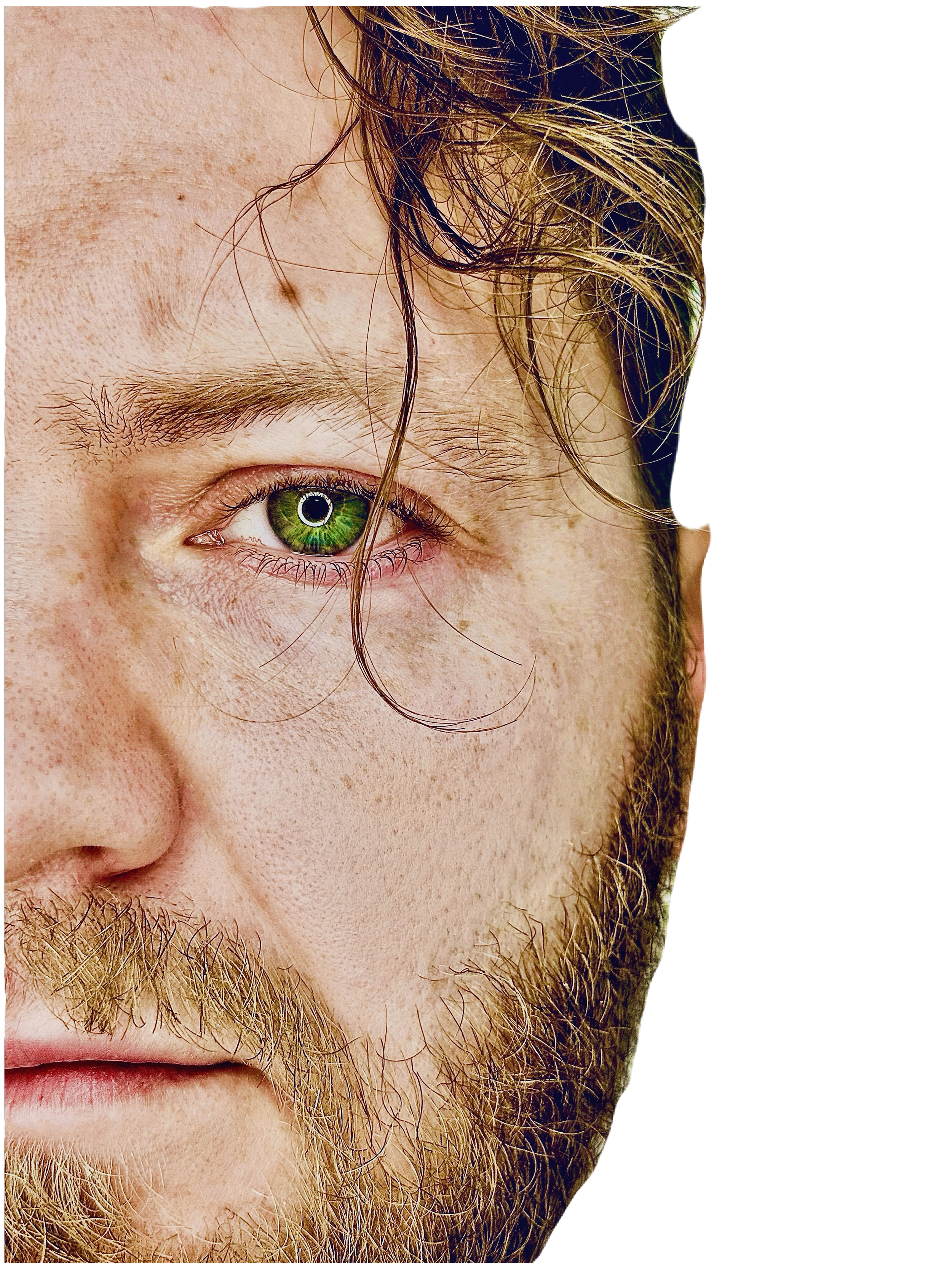 Close-up of a person's face showing a green eye, freckles, a mustache, and part of a beard, with wet, wavy hair.