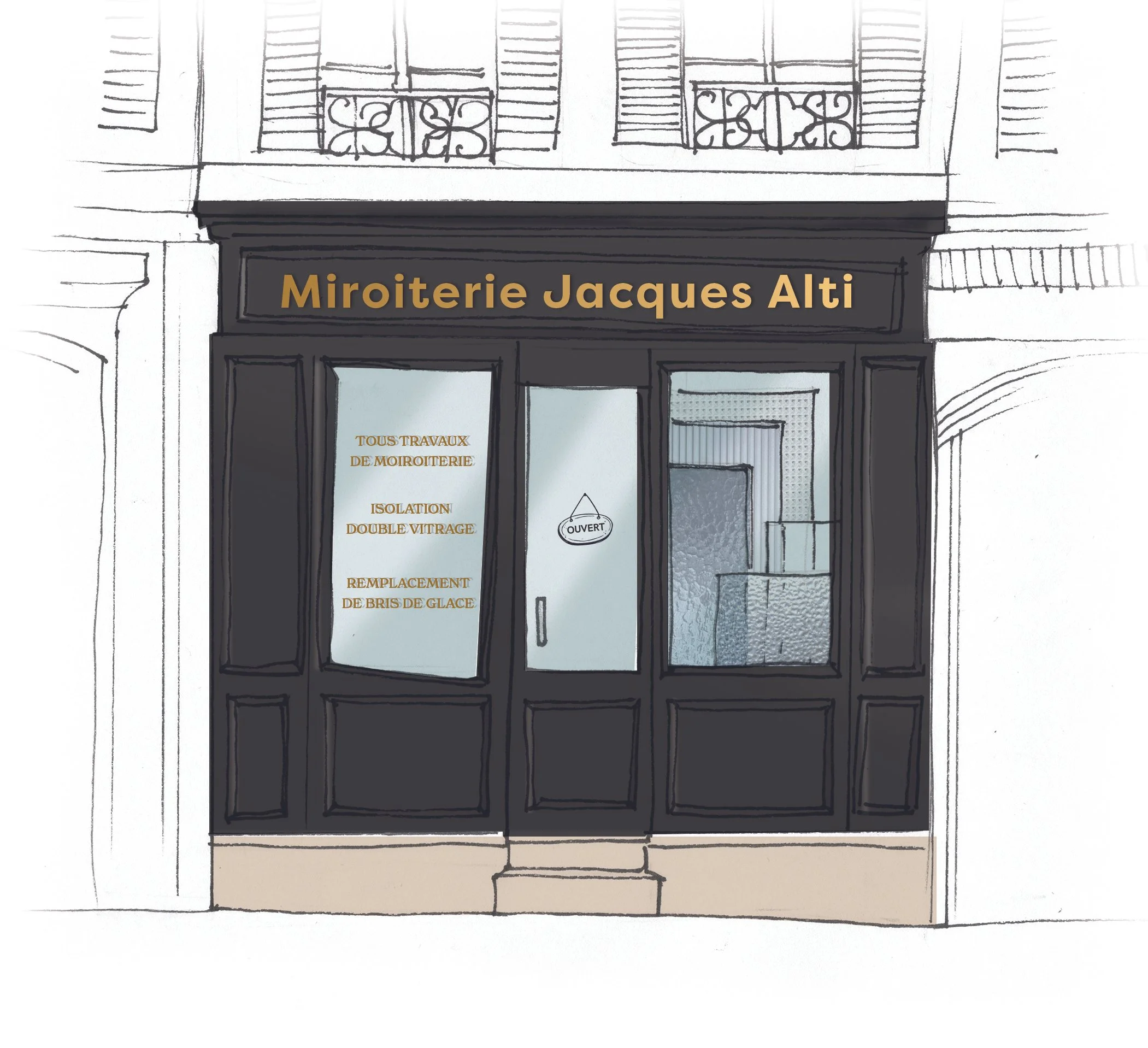 Ilustration de la devanture noire de la boutique Miroiterie Jacques Alti se trouvant dans le 7e arrondissement de Paris.