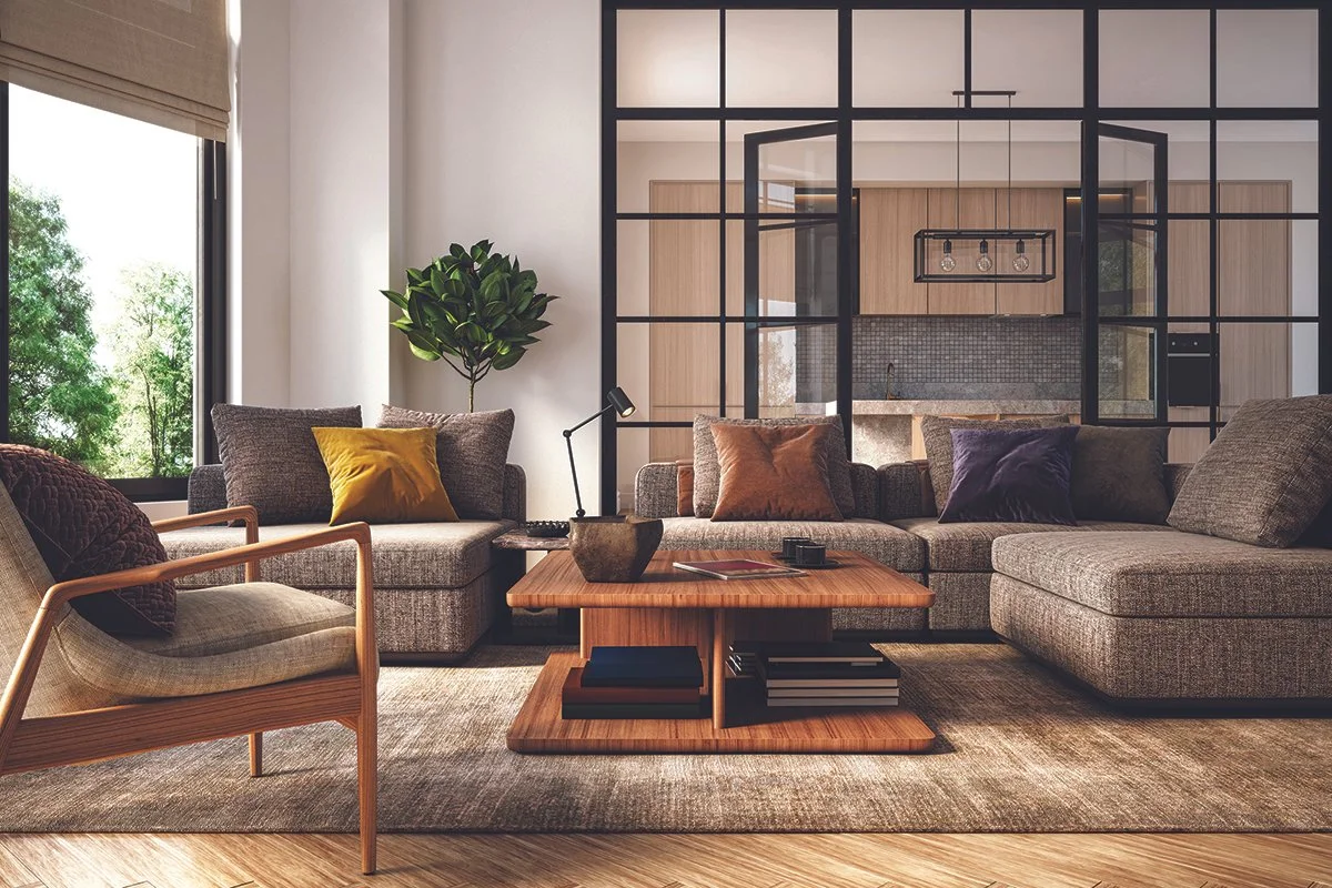 Salon séparé de la cuisine par une grande verrière intérieure