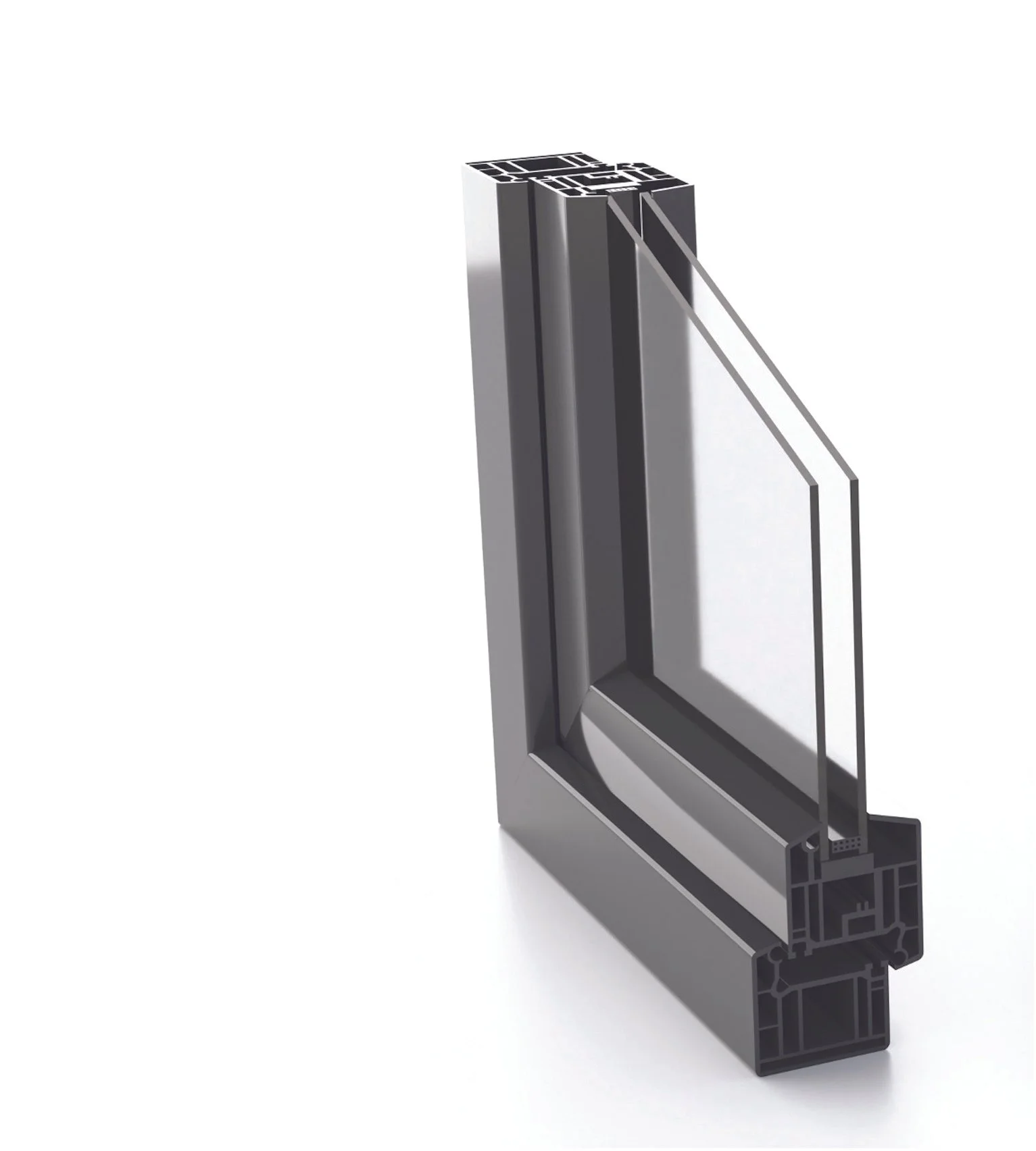 Schéma d'une coupe transversale d'une fenêtre en aluminium avec double vitrage.