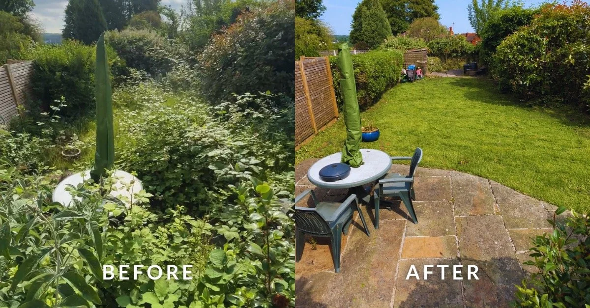 Before and after picture showing a garden that has gone from overgrown, neglected, and wild to cleared, tidy, and usable again.