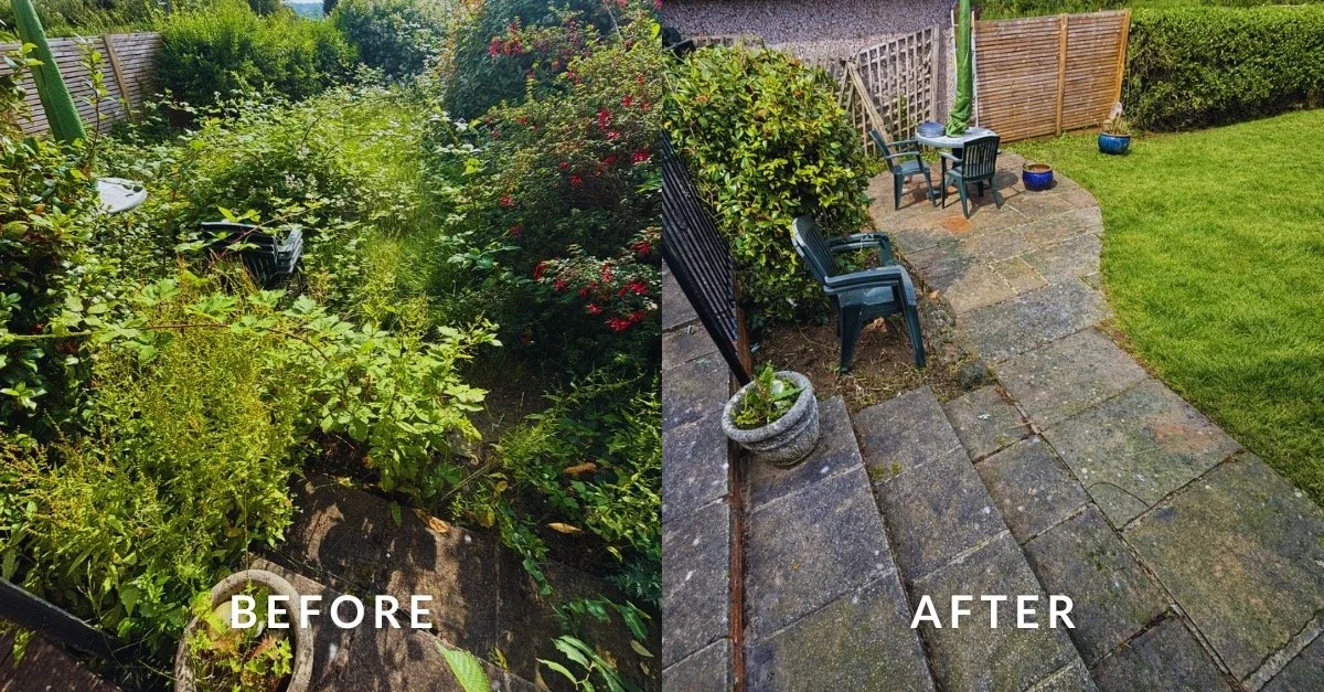 Before and after picture showing a garden that was messy, overgrown and neglected, to tidy, stripped back in Derby.