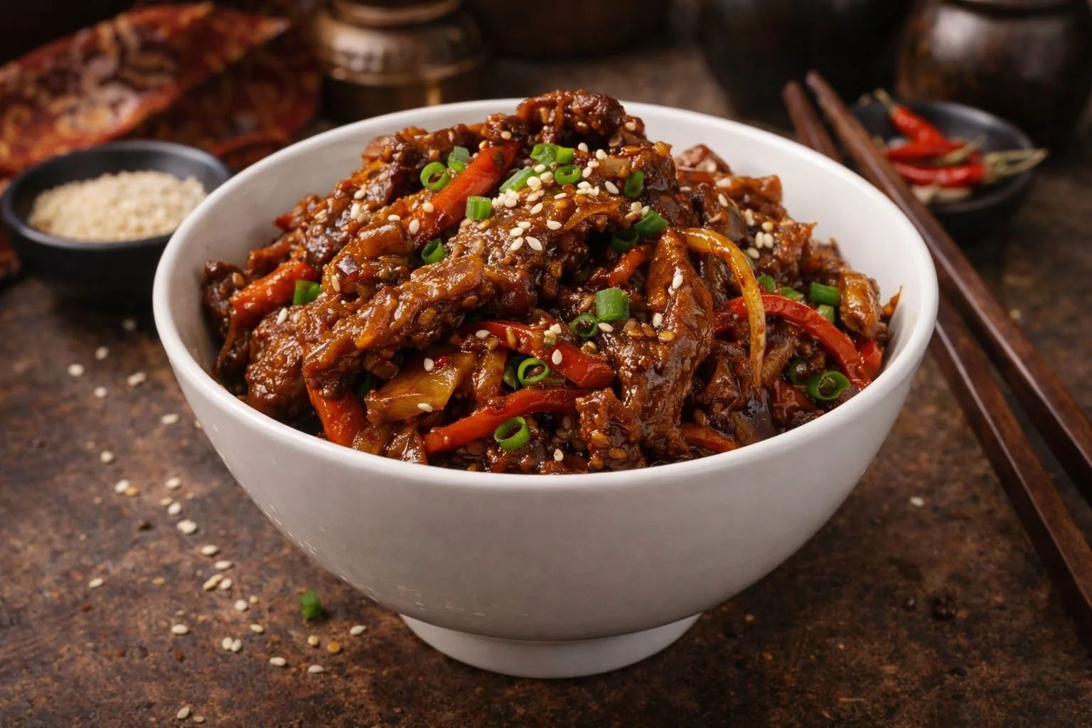 Rusty Nails -                 Stir-Fried Beef with Red Sauce and Vegetables.