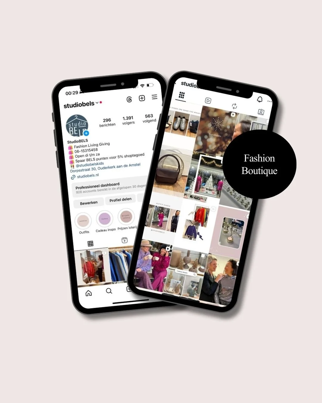 Two smartphones displaying social media profiles and posts related to a fashion boutique named StudioBELS, with images of clothing, accessories, and people shopping.