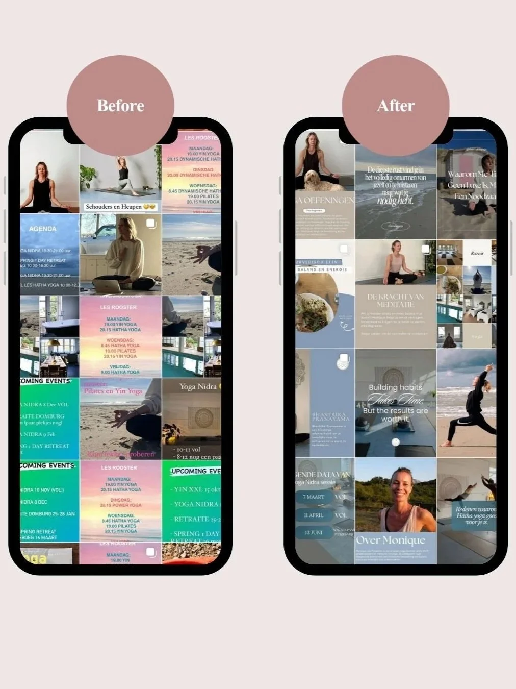 Comparison of two smartphone screens displaying social media or digital content related to yoga, meditation, and wellness, with 'Before' and 'After' labels at the top.