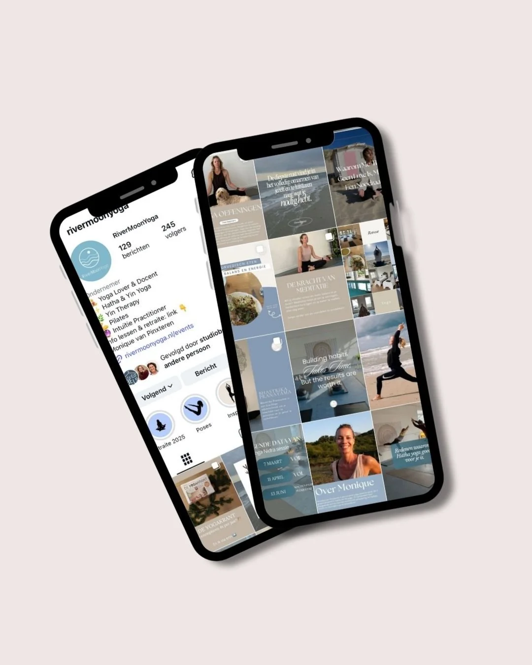 Two smartphones displaying Instagram profiles and posts related to yoga and wellness, with one showing a profile of rivermoonyoga.