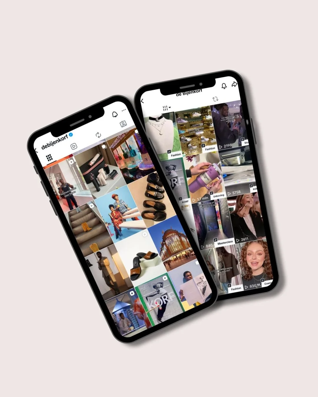 Two smartphones displaying social media profiles with photos related to fashion, products, and lifestyle.