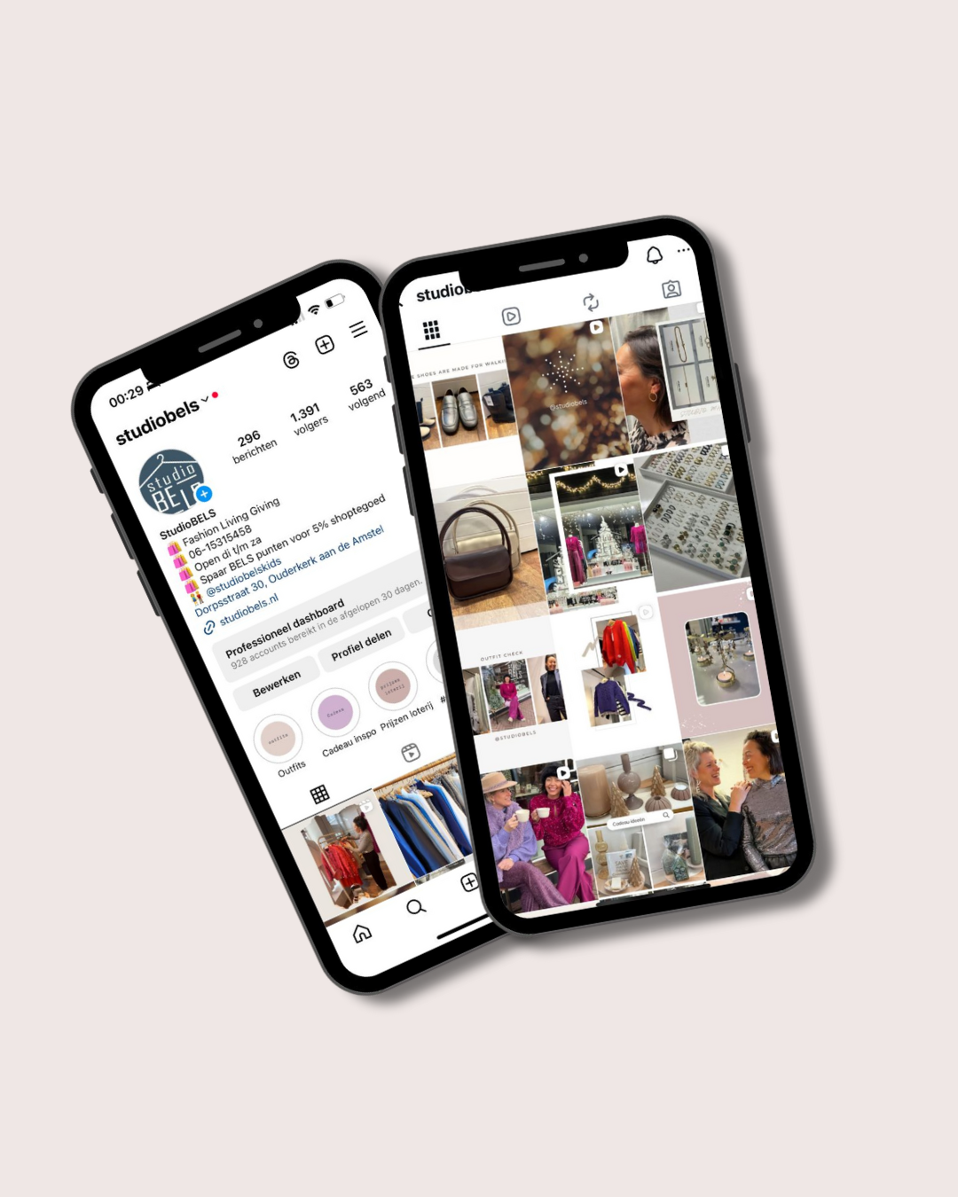 Two smartphones displaying Instagram profiles and posts against a plain background.