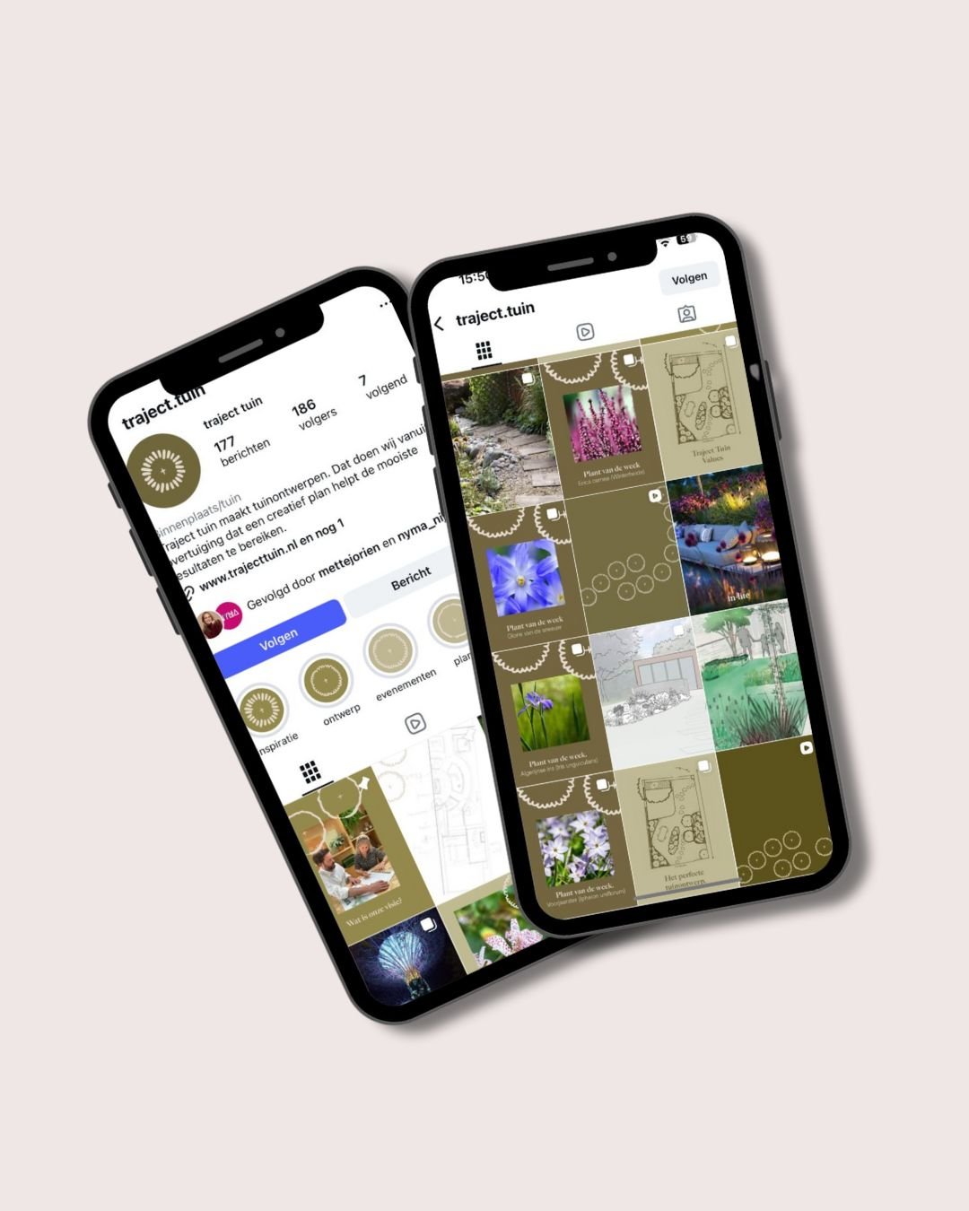 Two smartphones displaying Instagram profiles related to gardening and plant photography, with one showing a grid layout of various garden and plant images and the other displaying a profile description and highlights.