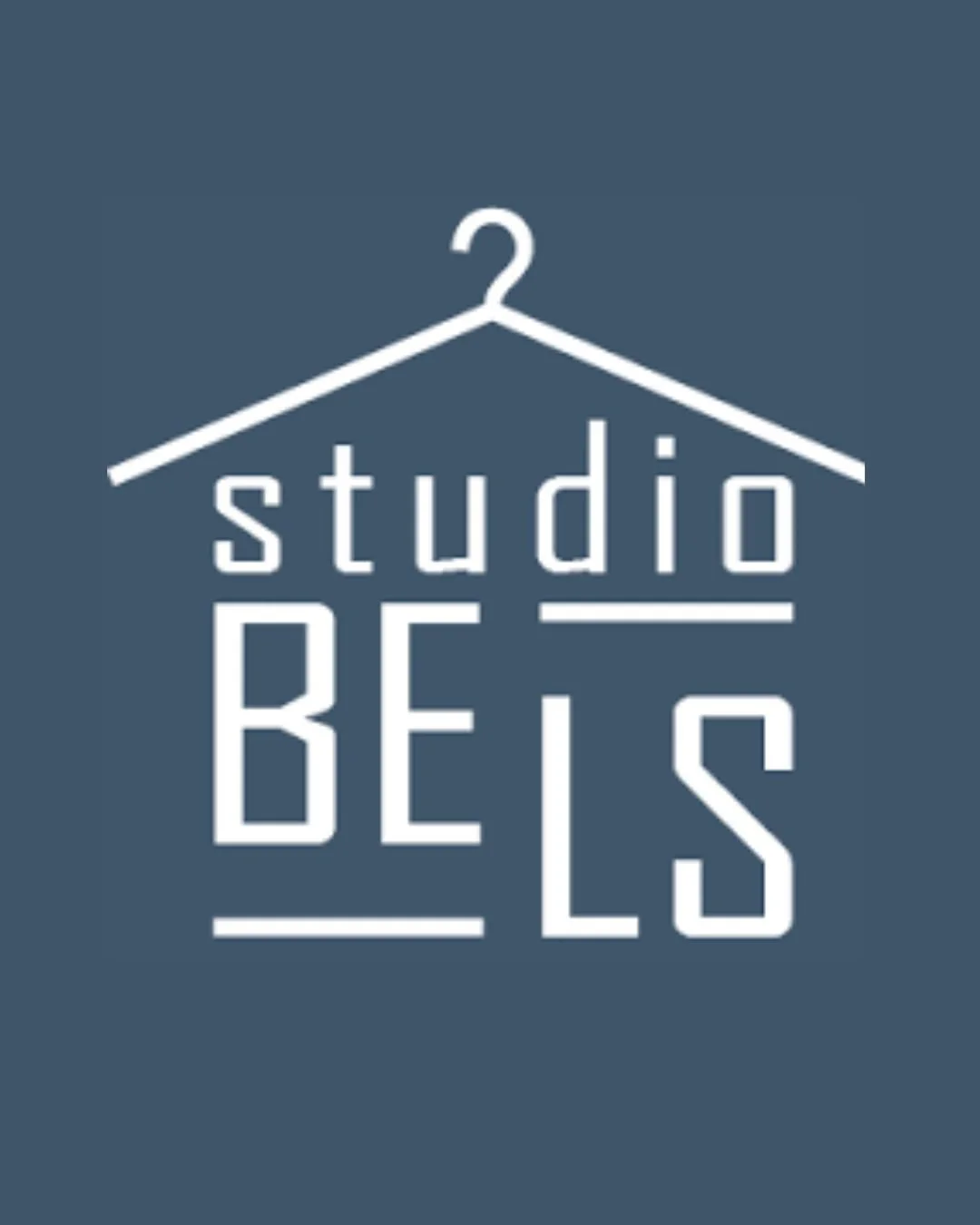 Logo from StudioBELS with a hanger illustration and modern font on a dark background.