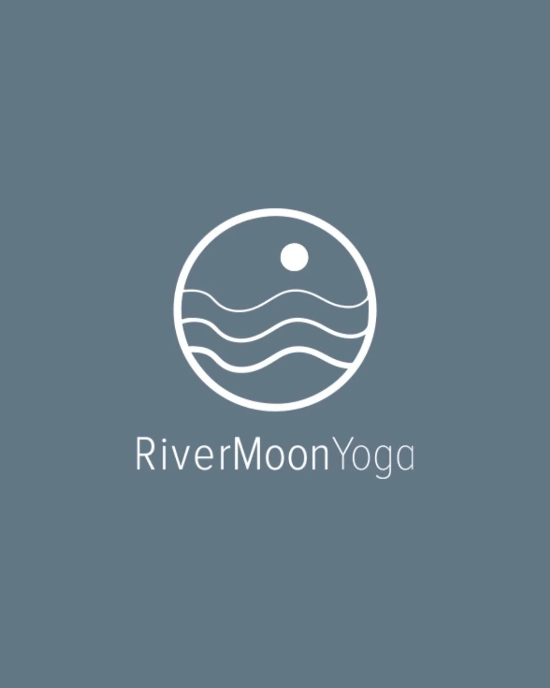 Logo from RiverMoonYoga featuring a circular design with water and moon imagery, and the text 'RiverMoonYoga' below.