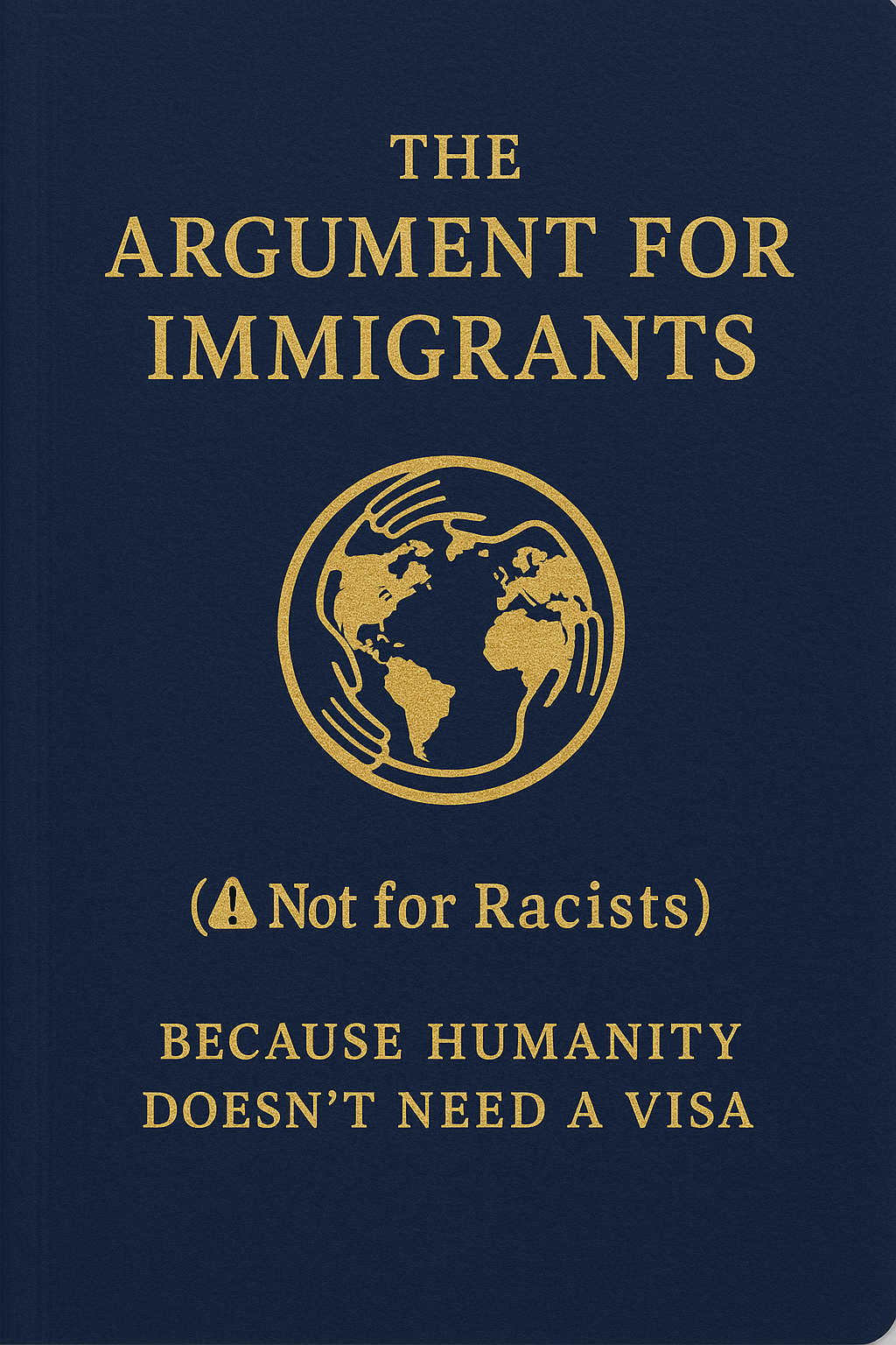 Cover of a book titled 'The Argument for Immigrants' with a globe illustration and the subtitle '(Not for Racists) Because Humanity Doesn't Need a Visa' in gold text on a dark background.