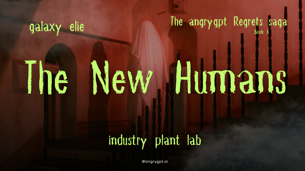 Book cover for 'The New Humans' featuring a shadowy figure in a white cloak standing on stairs inside a dimly lit house with smoke at the bottom. The cover includes green text with titles and author information.