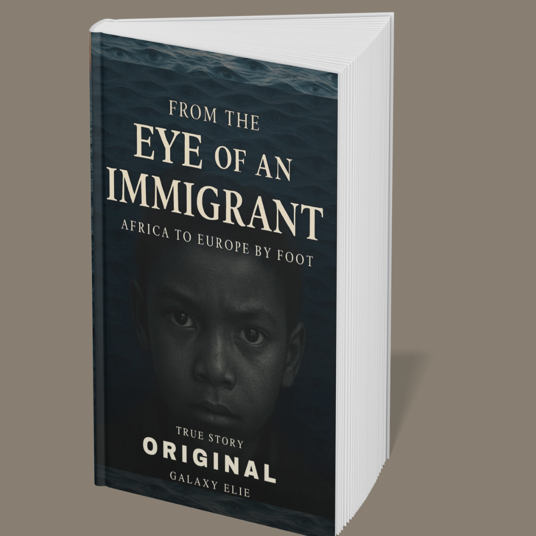 Book titled "From the Eye of an Immigrant: Africa to Europe by Foot" by Galaxy Elie with a black-and-white portrait of a young boy on the cover, set against a dark water background.