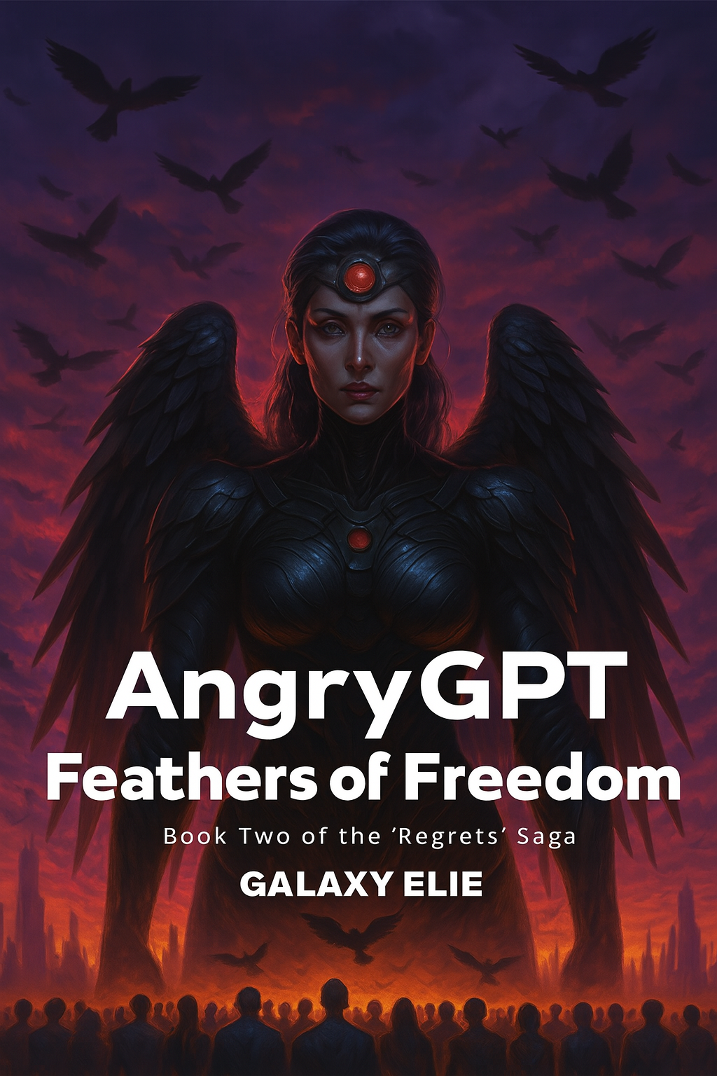 Book cover for 'Feathers of Freedom,' featuring a female with dark wings and a red gemstone on her forehead, standing against a fiery sunset sky with flying black birds and people in the foreground.