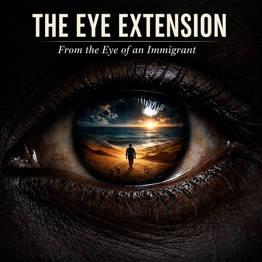 Close-up of an eye with a landscape reflection in the pupil, showing a person walking on a beach during sunset, with the title "The Eye Extension" and subtitle "From the Eye of an Immigrant."