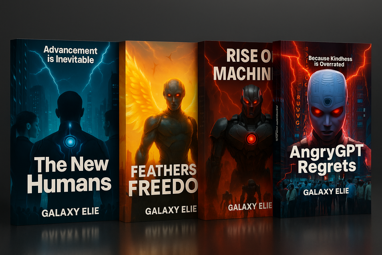 Book covers with superhero themes, featuring futuristic and robotic characters with lightning and city backgrounds, titles include 'The New Humans,' 'Feathers Freed,' 'Rise of Machin,' and 'AngryGPT Regrets' by Galaxy Elie.