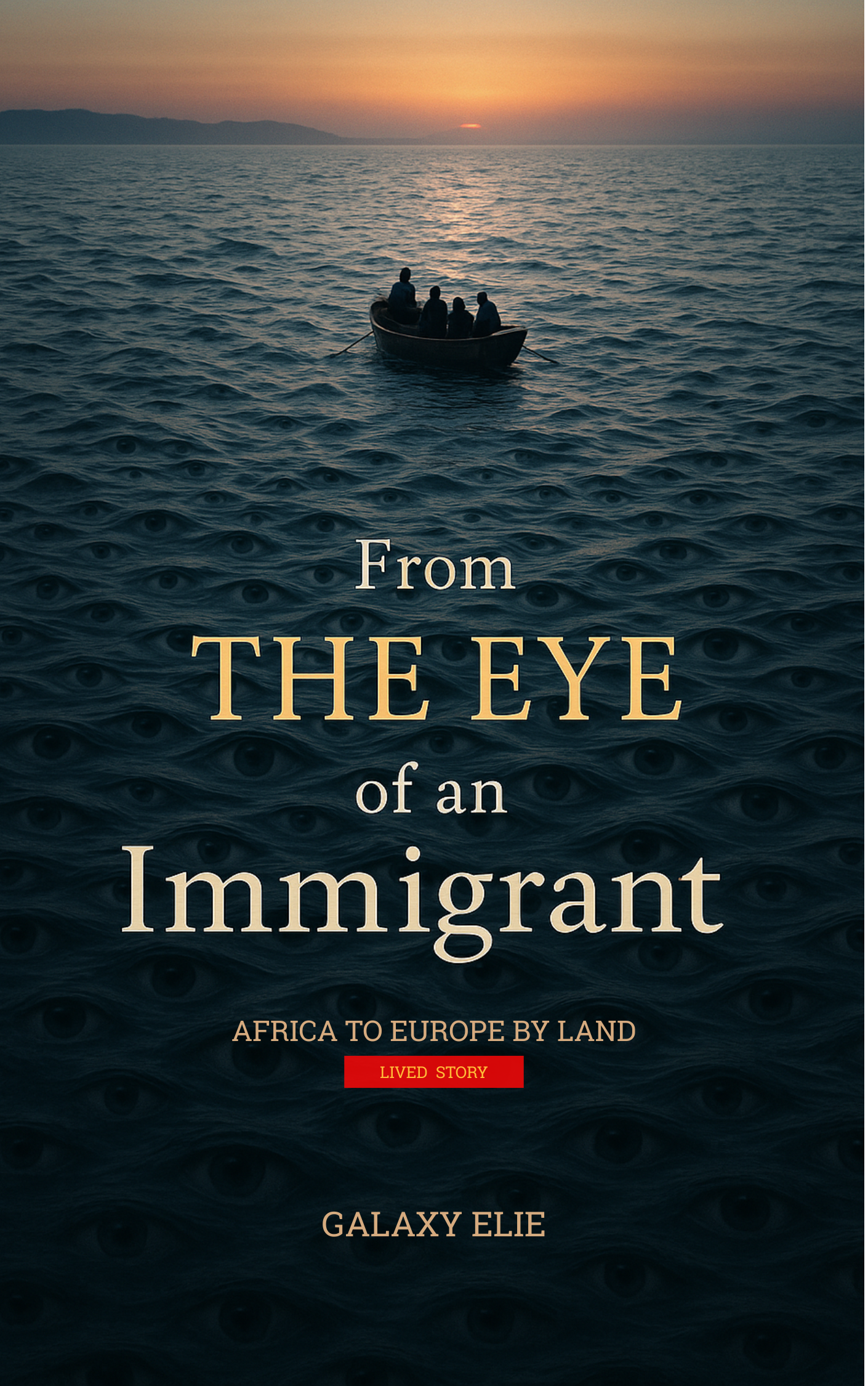 Book cover featuring a small boat with five people on the ocean during sunset, with the title 'From the Eye of an Immigrant' and the author's name Galaxy Elie.