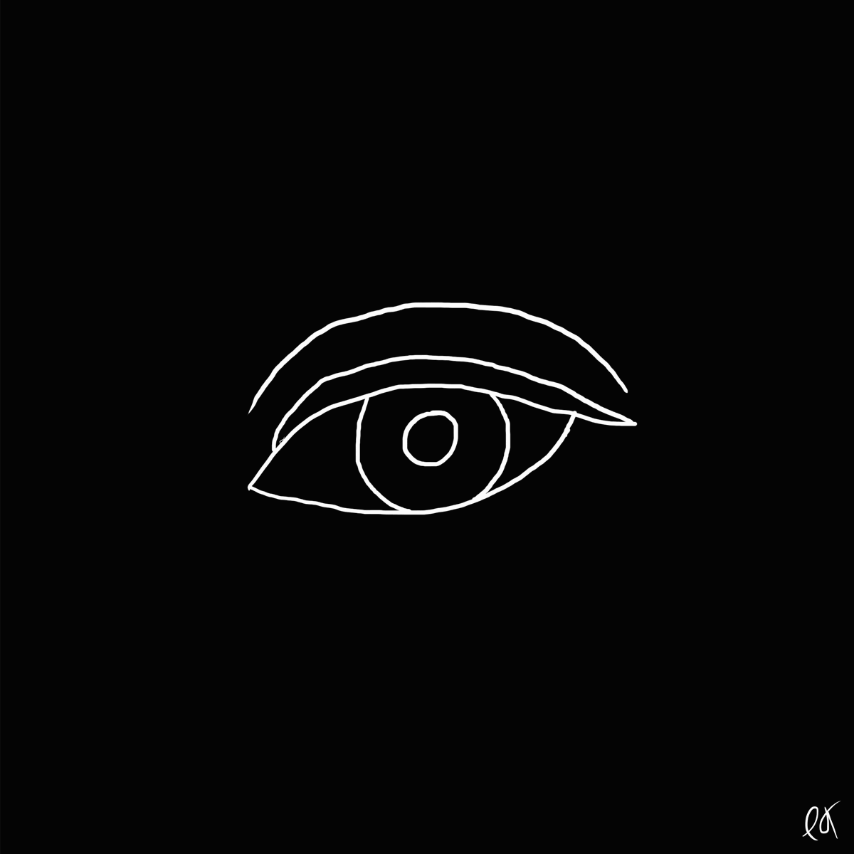 A minimalist white line drawing of an eye on a black background. illustrating the eye of an immigrant