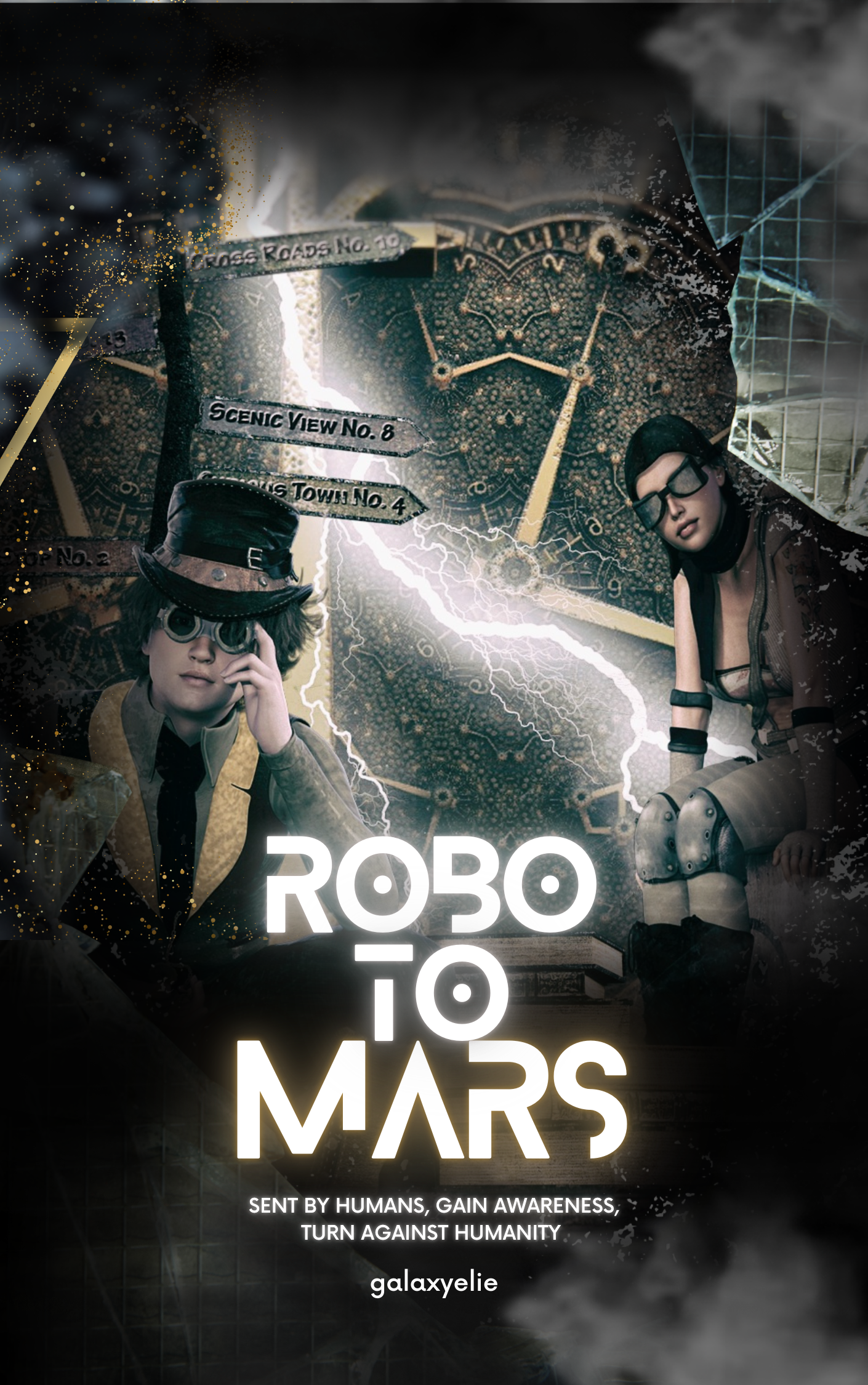 A futuristic, science fiction-style poster titled "Robo Io Mars" with two young characters wearing cyberpunk attire and glasses, set against a background of a large clock, lightning, and navigational signs. The tagline reads, "Sent by humans, gain awareness; turn against humanity," and the publisher is galaxyel.