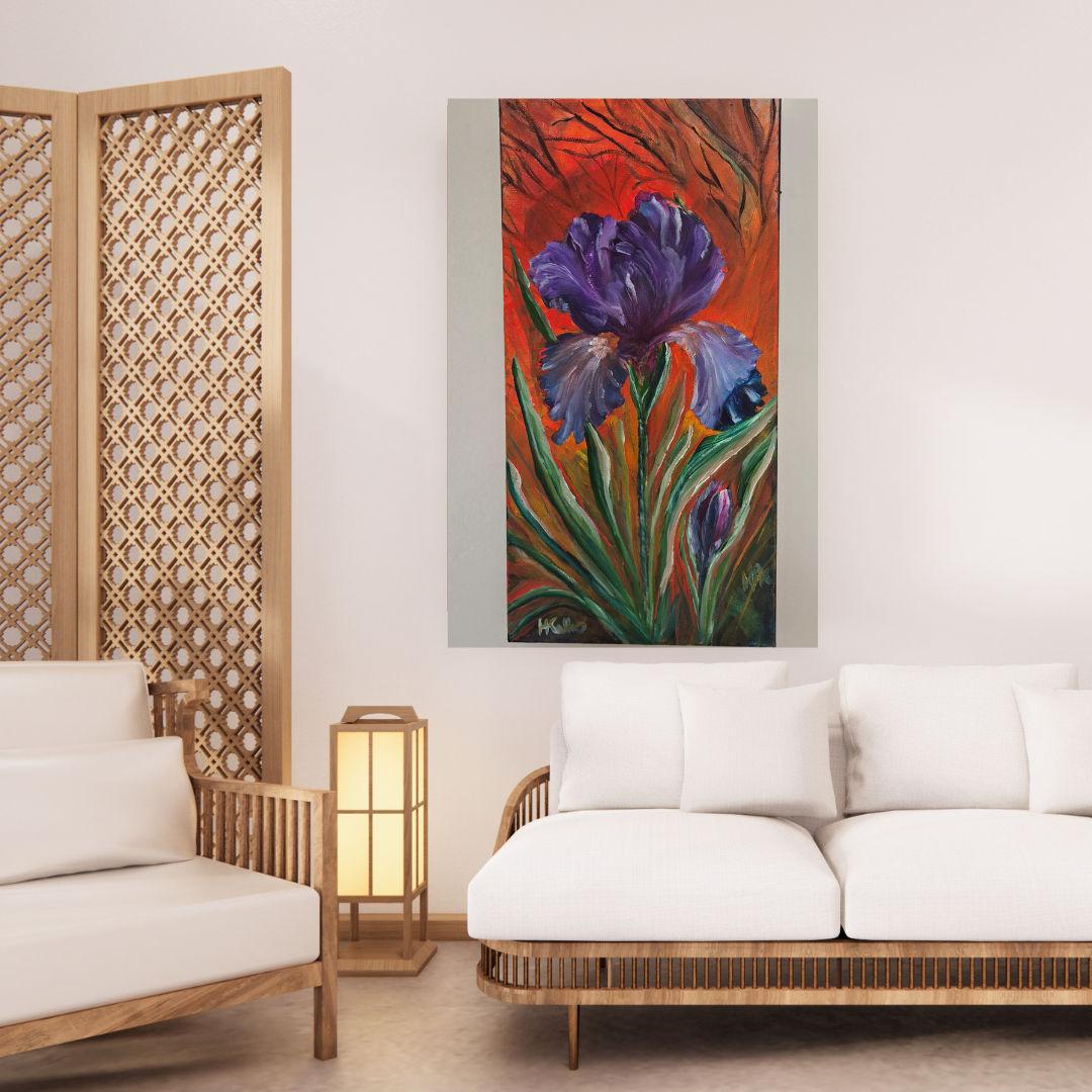 A bold floral painting of purple irises set against warm red and orange tones, shown in a modern interior where strong colour and form bring energy to the space.