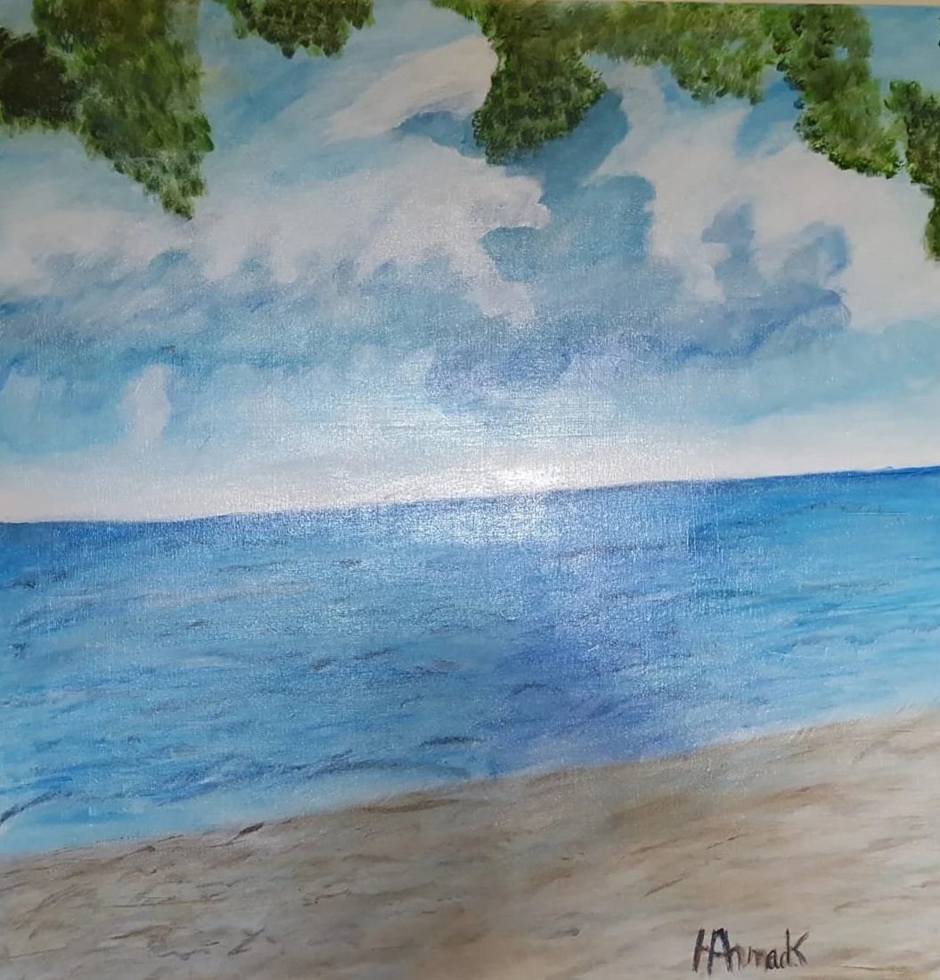 A painting of a seaside scene with a sandy beach in the foreground, blue ocean water in the middle, and cloudy sky with green trees overhead.
