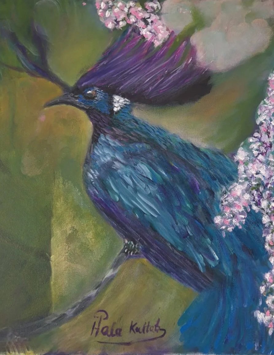 Artistic painting of a peacock perched on a branch with pink blossoms and green leaves in the background.