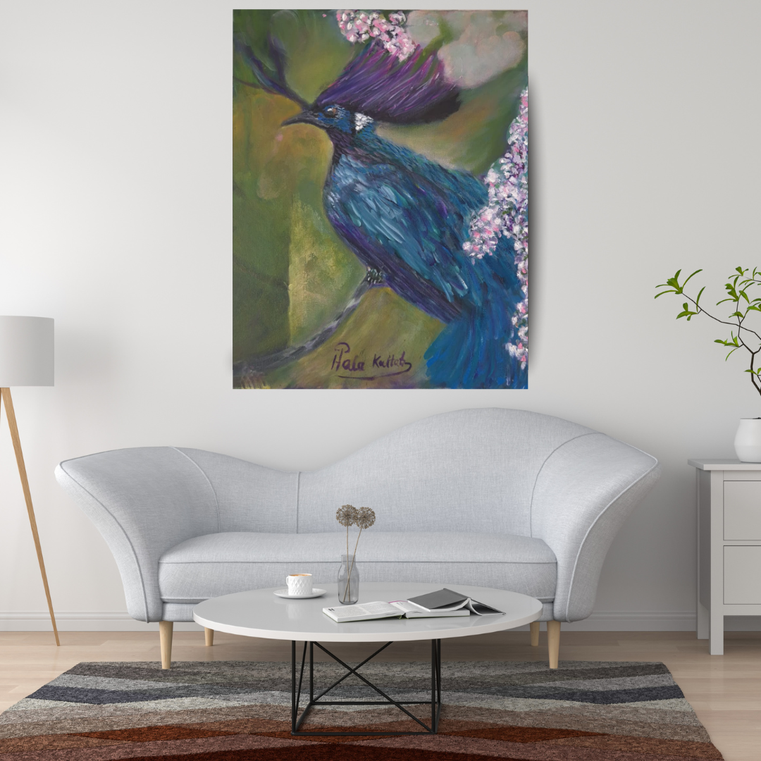 Painting of a vibrant blue bird with a purple crest perched on a branch surrounded by pink flowers, signed by artist Palace Kauth.