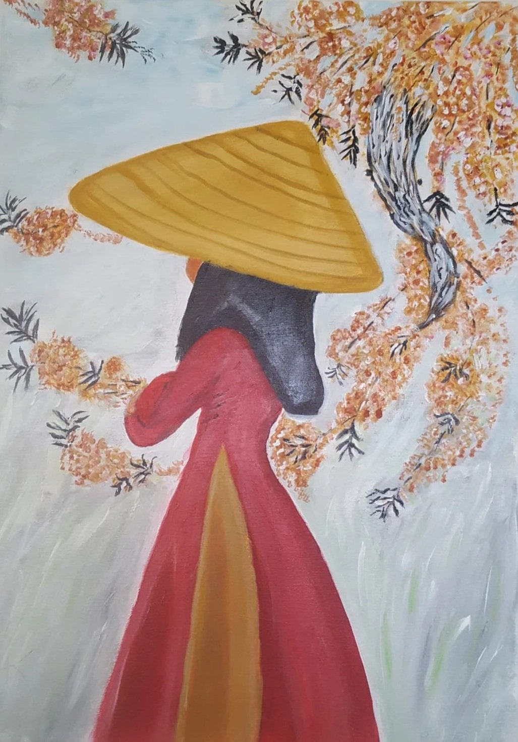 A painting of a woman wearing a traditional Asian conical hat and a long red dress with yellow accents, standing among orange and pink flowering branches.