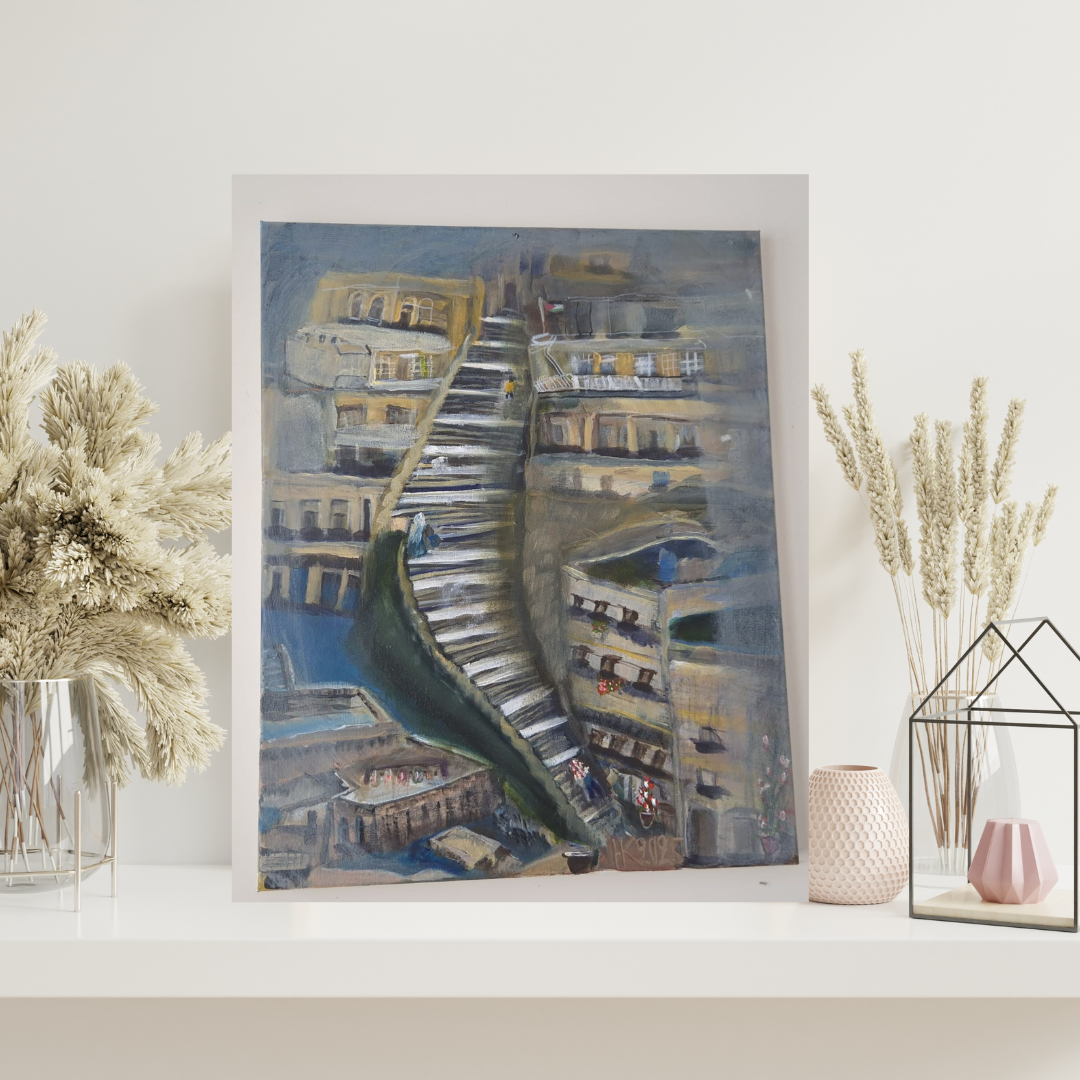 A painting of a curved staircase inside a building, surrounded by multiple floors with balconies and windows, on a wall behind a white shelf decorated with plants and vases.