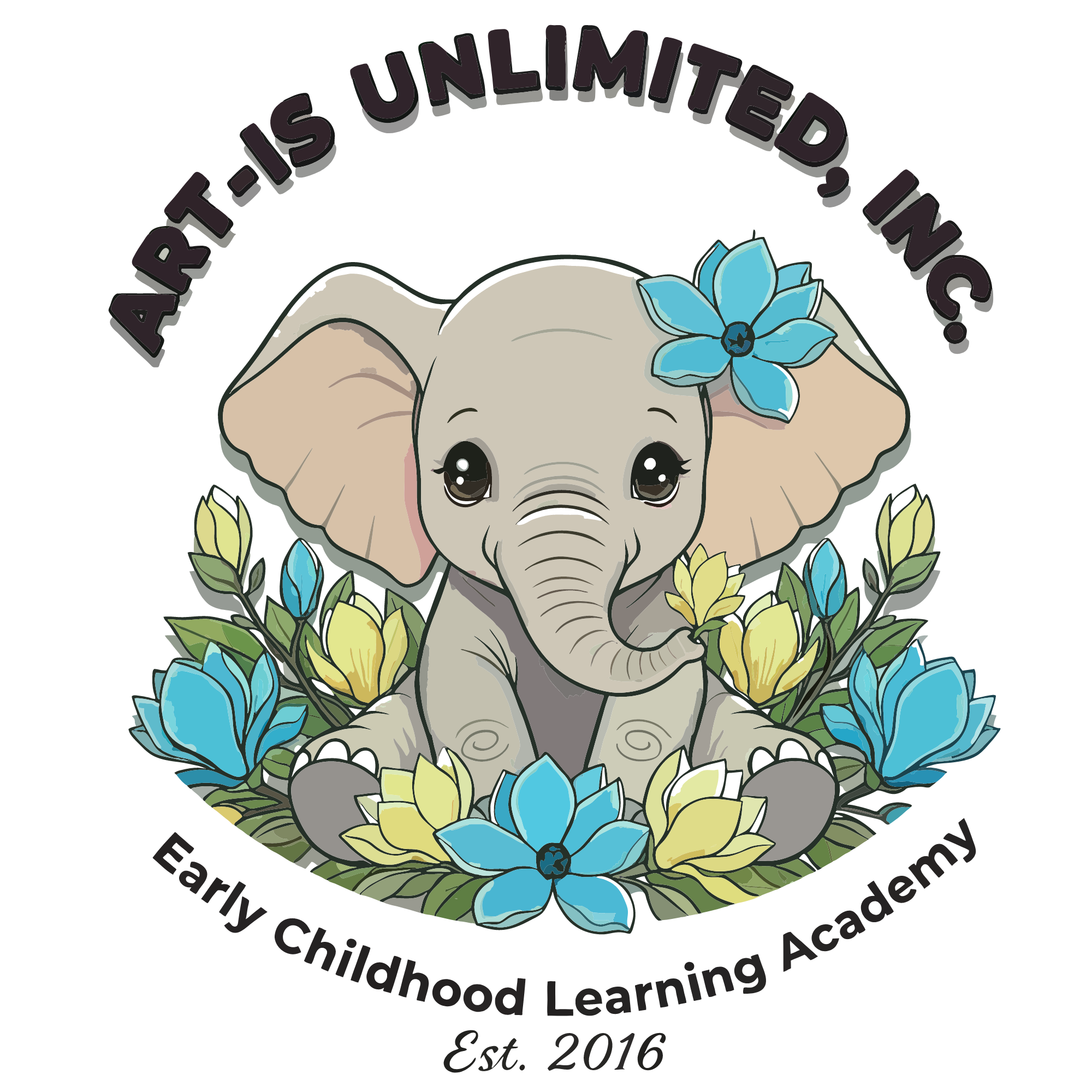 A cartoon baby elephant sitting among yellow and blue flowers with a blue flower on its head. The text reads 'Art-Is Unlimited Inc.' around the top and 'A Non-Profit Art & Gift Shop' around the bottom.