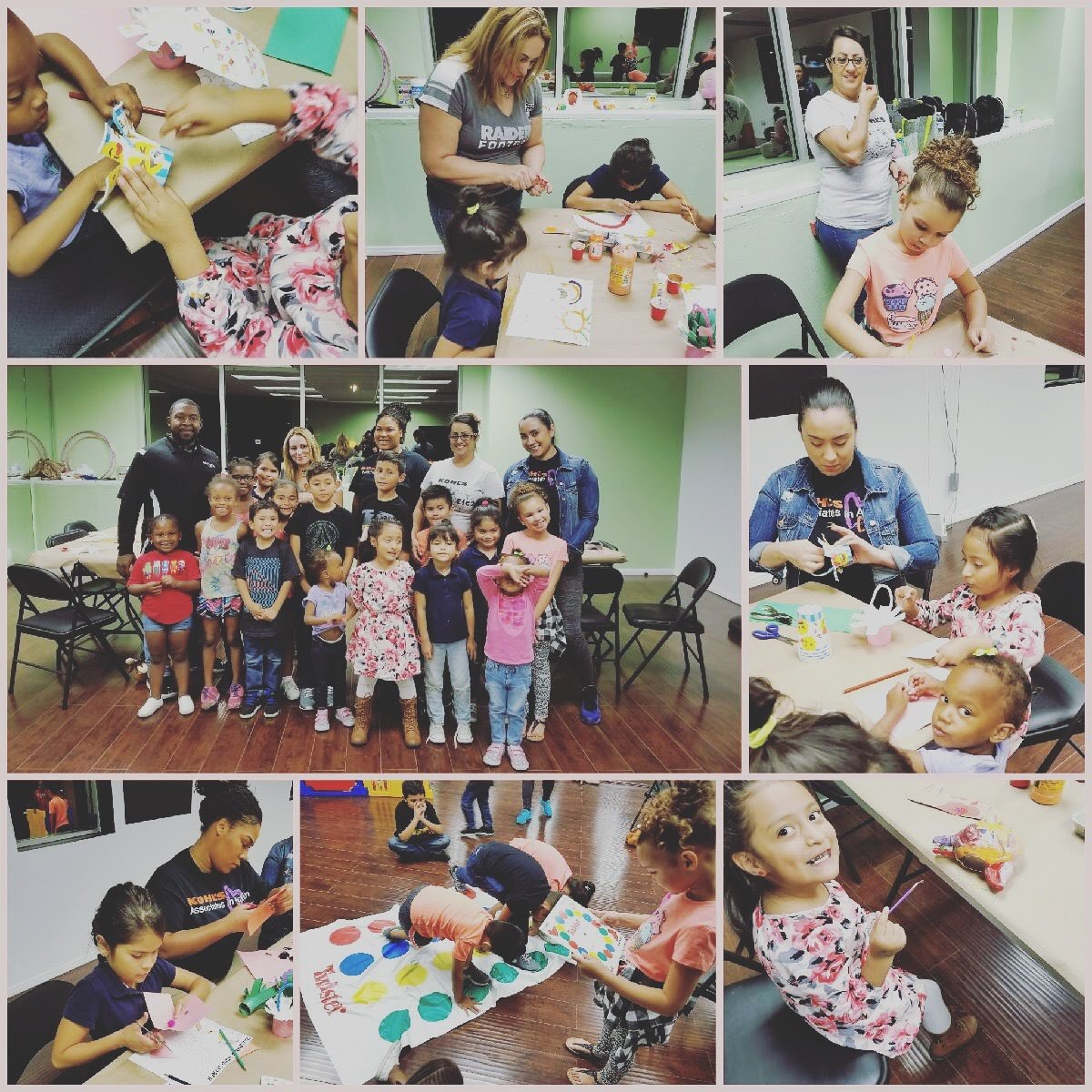 Group of children and adults participating in arts and crafts activities in a brightly lit room, with some children playing Twister on the floor and others making crafts at tables.