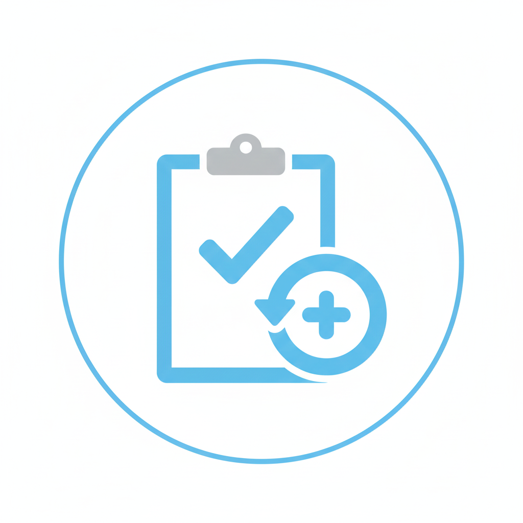 Icon of a clipboard with a checkmark and a plus sign in a circle, indicating adding or updating a task or checklist.