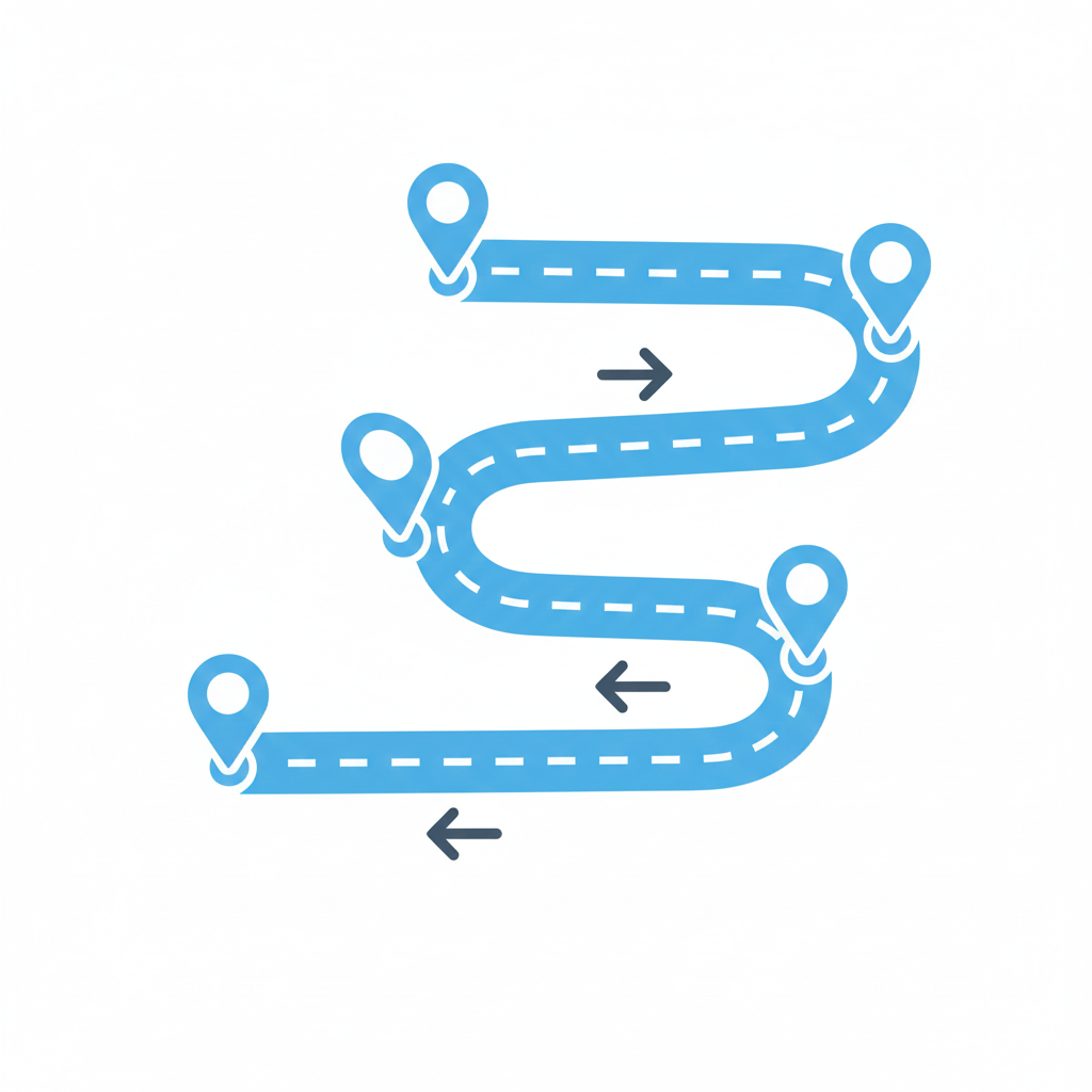 A winding blue path with five location pins, arrows indicating a full loop route, and dashed lines marking the path.