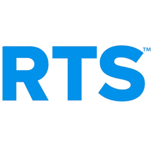 A logo with the letters 'RTS' in bold blue font on a black background.