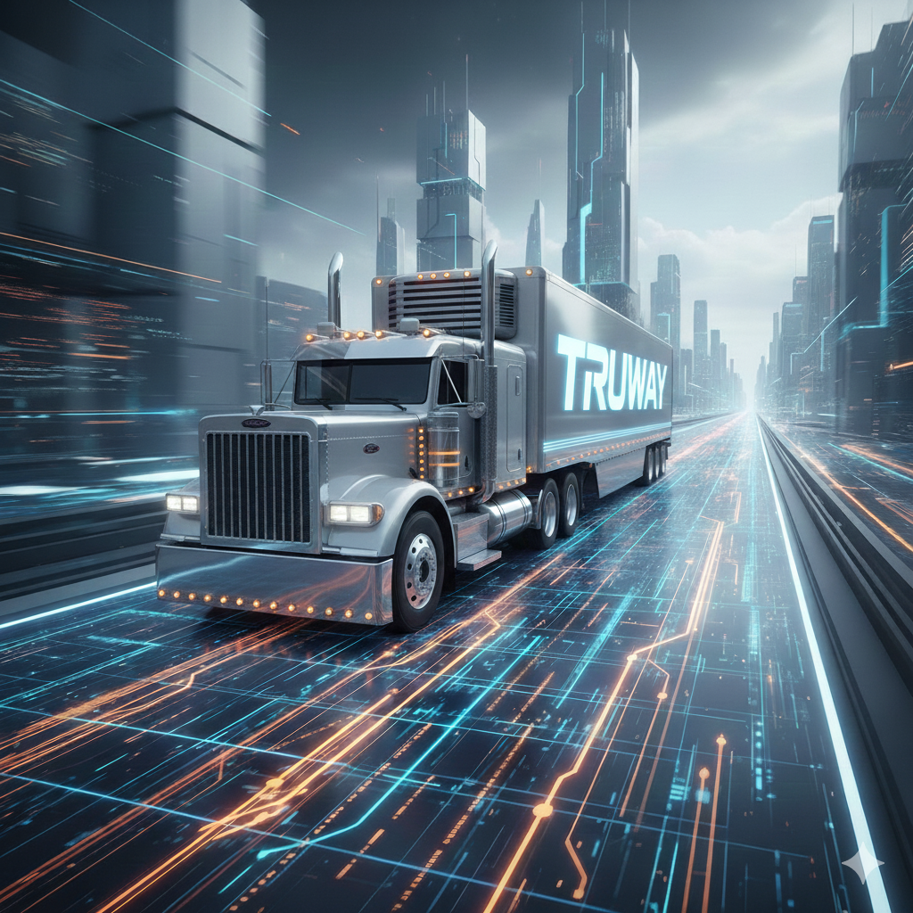A futuristic truck labeled 'TRUWAY' driving through a digital cityscape with bright streaks of light and tall skyscrapers in the background.