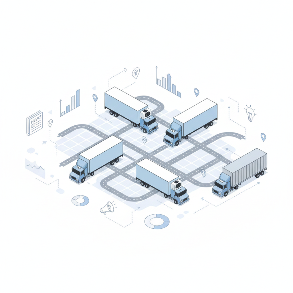 Illustration of a logistics network with five trucks on interconnected roads, surrounded by icons representing data, charts, news, and ideas.