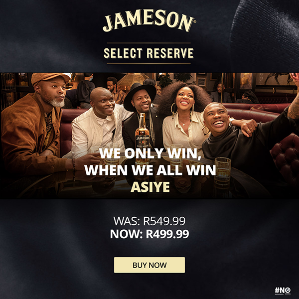 JAMESON AISYE CAMPAIGN
Group of five diverse friends sitting at a table in a bar or restaurant, smiling and enjoying drinks, with promotional text for Jameson whiskey including a discounted price and a "Buy Now" button.