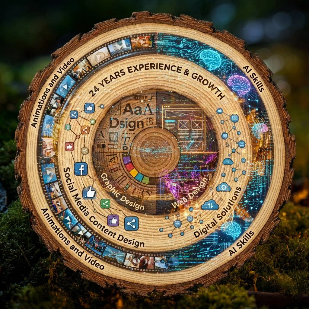 A circular wooden design with digital graphics, icons, and text highlighting 24 years of experience in AI, design, social media, digital solutions, and animations, with interconnected icons and visual elements representing various creative fields.