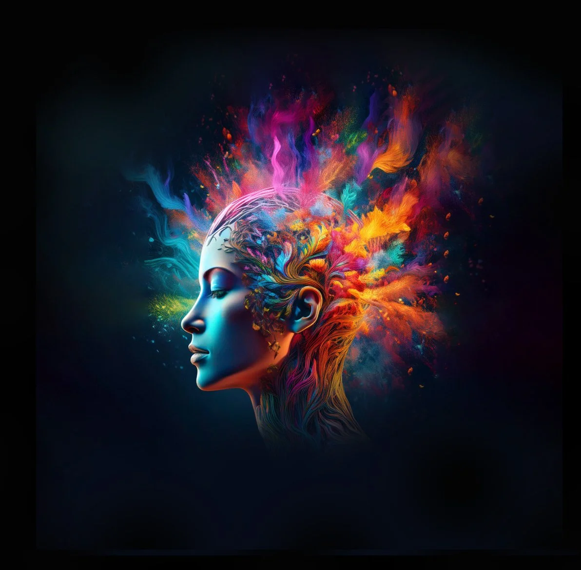Digital art of a woman's profile with vibrant, colorful abstract splashes representing her hair, set against a dark background.