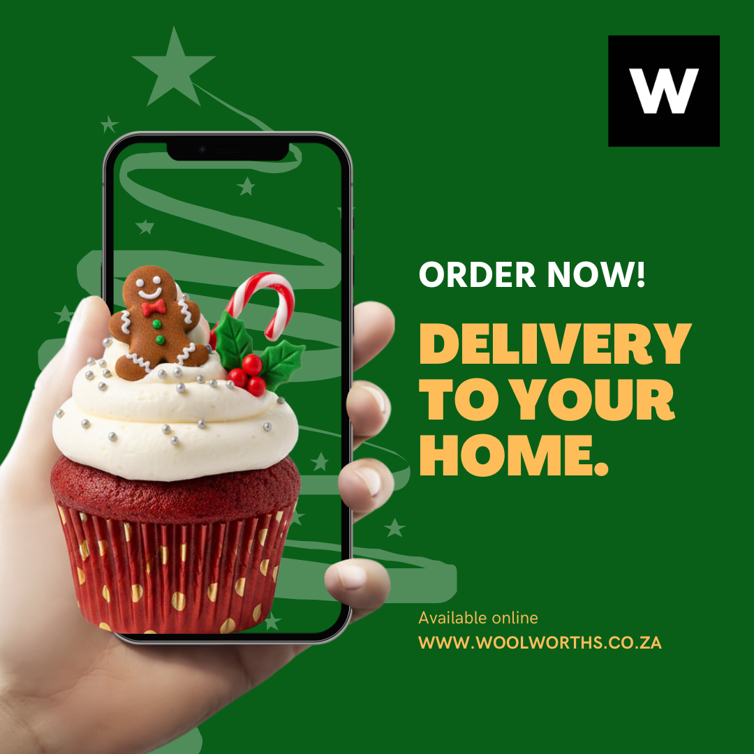 WHATSAPP MARKETING 
A promotional advertisement for Woolworths featuring a cupcake with a gingerbread man, holly, and a candy cane on top, displayed on a smartphone, with text promoting delivery service from Woolworths during the holiday season.